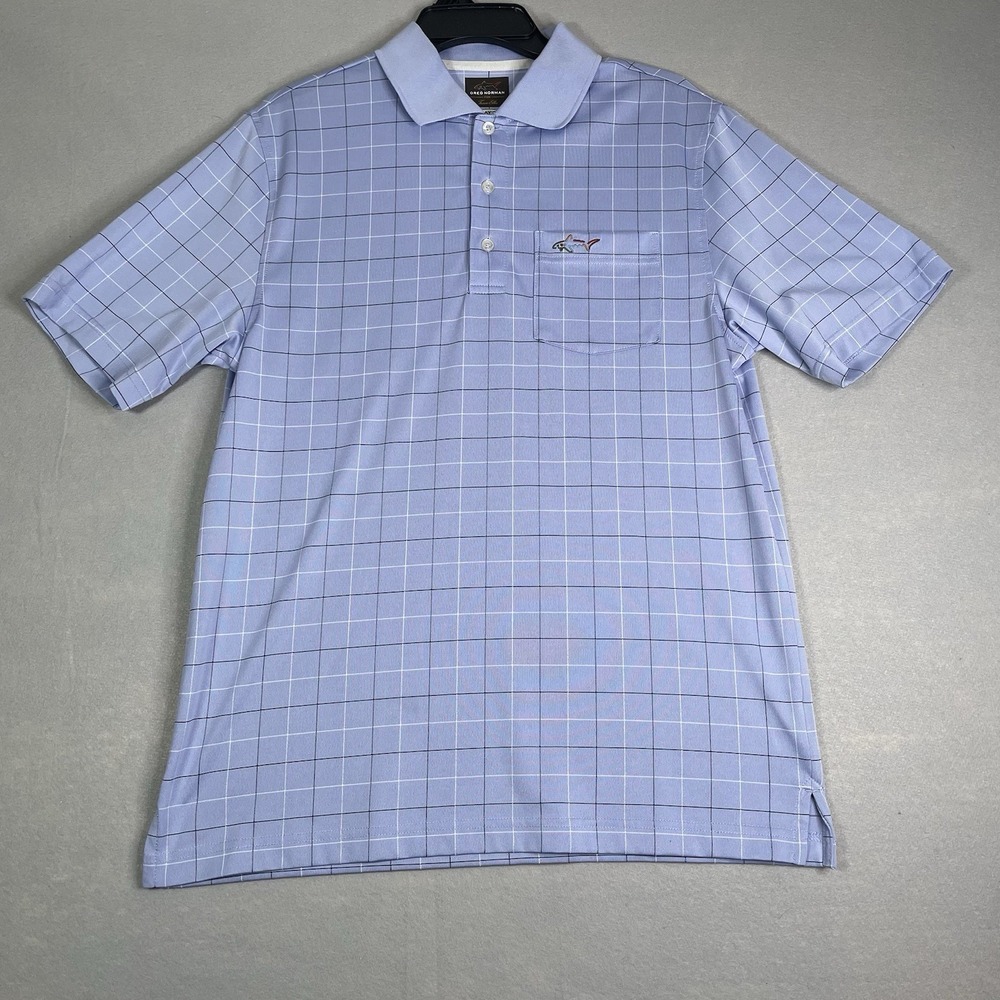 Greg Norman PlayDry Golf Polo Shirt Men's S Blue Heather Shark Logo